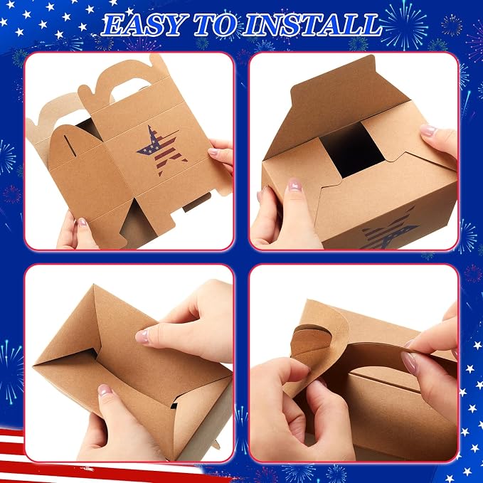 Colarr 24 Pcs 4th of July Treat Boxes Patriotic Star Prints Goodie Boxes with Handles 250th Anniversary Kraft Paper Cookie Box Candy Party Favor Box for Independence Day Fourth of July Celebration
