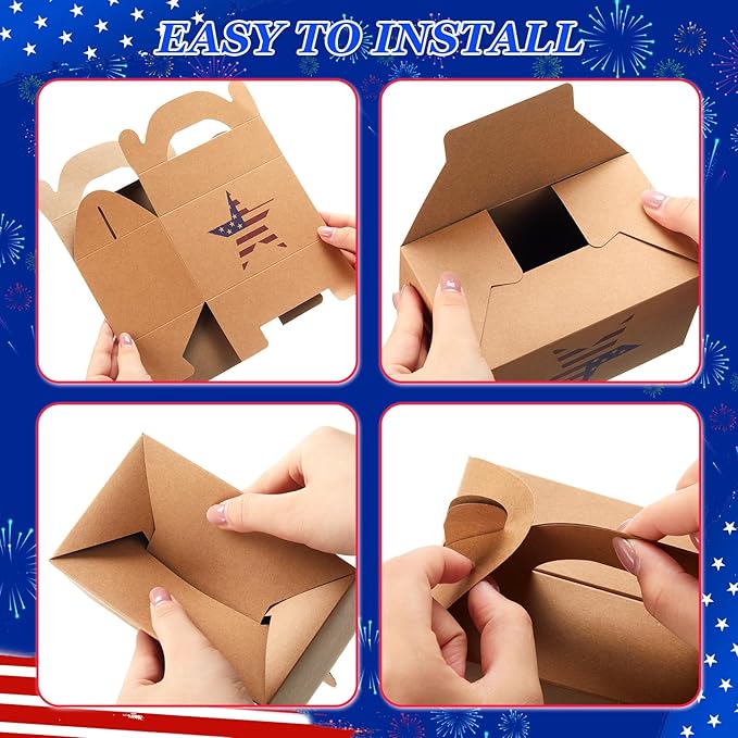 Colarr 48 Pcs 4th of July Treat Boxes Patriotic Star Prints Goodie Boxes with Handles 250th Anniversary Kraft Paper Cookie Box Candy Party Favor Box for Independence Day Fourth of July Celebration