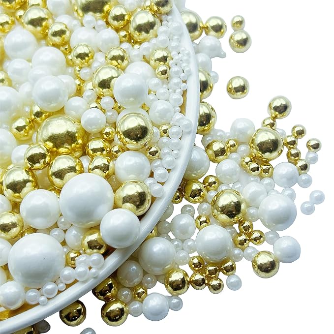 SE Si&Moos Gold and White Pearl Sprinkles for Cake Decorating White Edible Pearl Cake Decorations Gold Sprinkles for Cake, Baby Shower Party Holiday Halloween Christmas Supplies 3.5 OZ