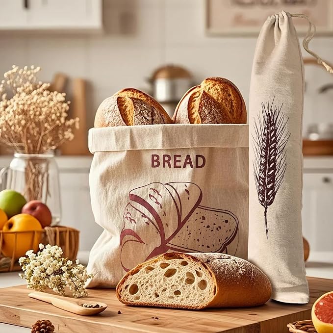 4-Pack Reusable Bread Bags for Homemade Storage, 2-Size Drawstring Pouches (5.9x25.6 & 11.8x15.7 Inch) - Washable Fabric with Secure Closure, Ideal for Sourdough, Artisan Loaves & Gift Packaging