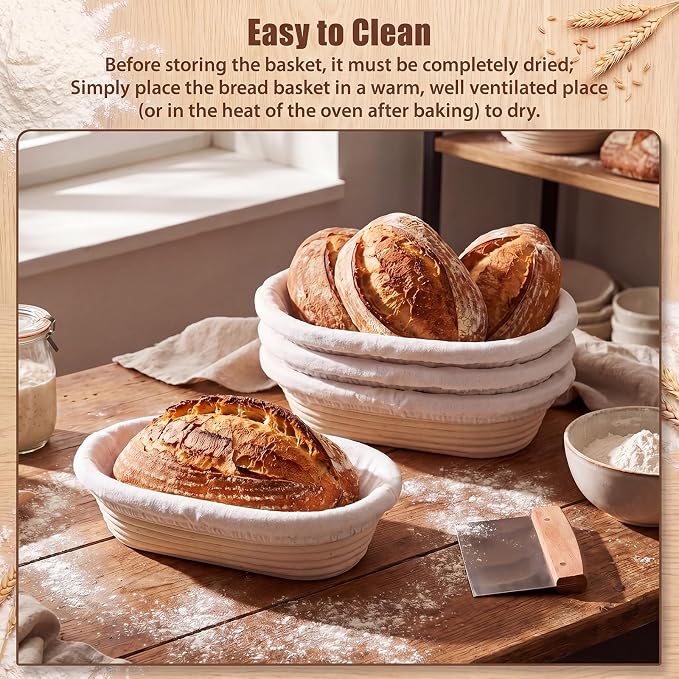 Baderke 4 Pack Banneton Bread Proofing Basket Set 10 Inch Wood Pulp Sourdough Proofing Basket Non Stick Sourdough Banneton Bowl and Liners for Bread Baking Supplies(Beige,Oval)