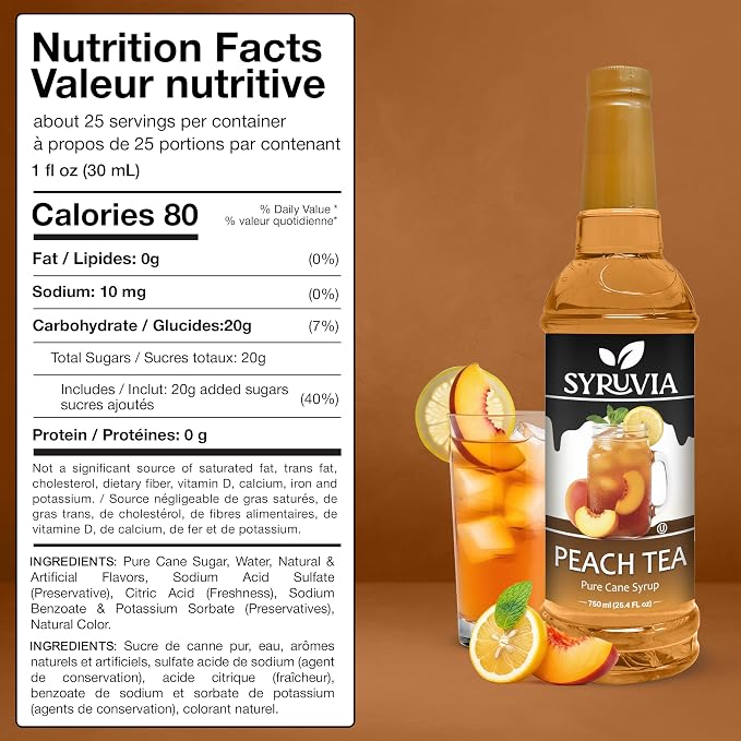 Syruvia Peach Tea Syrup, Flavored Syrup for Teas, Drinks, Lemonades, Iced Teas, and Desserts – 25.4 fl oz - with Pump