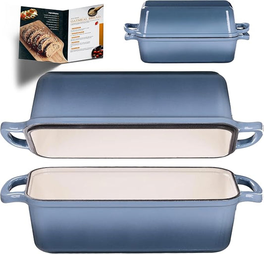 11x5 Inch Cast Iron Loaf Pan with Lid, Large Loaf Pans for Sourdough Bread Baking, Even Heat Distribution Dutch Oven Bread Pan for Homemade Bread, Meatloaf (5.8Qt, Seasalt)