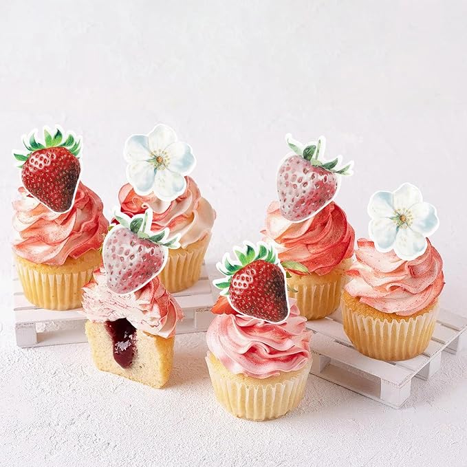 60 Pack Edible Sweet Strawberry Flower Cupcake Toppers First Birthday Strawberry Flower Cake Toppers Rice Paper Wafer Paper Cake Picks for Fruit 1st Berry Sweet Kids Birthday Cake Decorations
