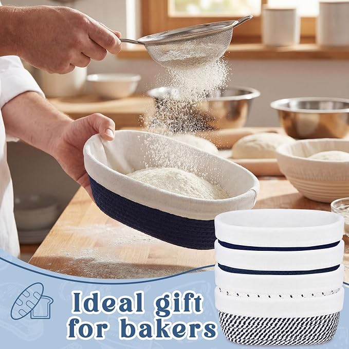 4 Pcs 10 Inch Cotton Rope Banneton Bread Proofing Basket Set Oval Banneton Basket Sourdough Bread with Liners Covers for Baking Supplies (Blue Tones)