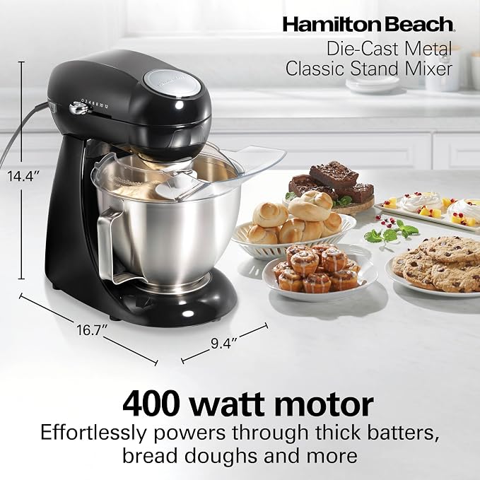 Hamilton Beach Die-Cast Metal Classic Electric Stand Mixer, 12 Speeds | 4.5-Quart Stainless Steel Bowl, Includes Flat Beater, Whisk, Dough Hook & Pour Shield, Powder-Coated Black Finish (63227N)