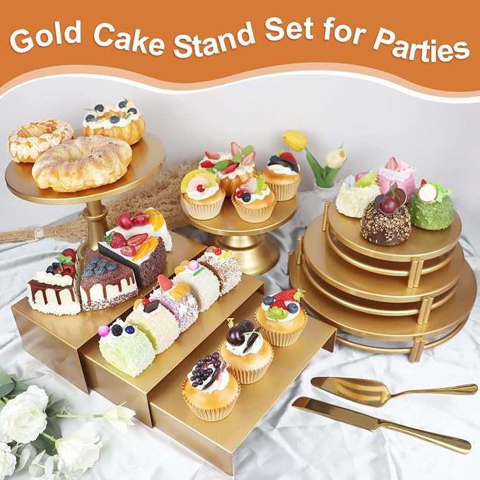MACIFECI Gold Dessert Table Display Set, 11PCS Metal Gold Cake Stand Set, Including Cupcake Tower Stand, Dessert Tray, Risers Stands, for Wedding, Party