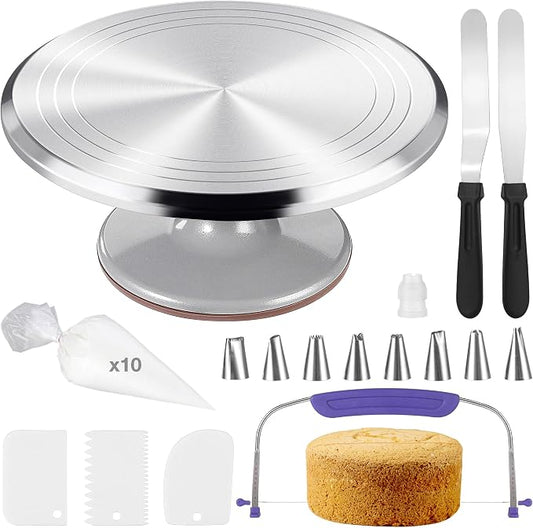 12 Inch Cake Turntable Decorating Stand with Aluminum,Cake Turntable Decorating Kit,Rotating Cake Stand Cake Spinner Stand Leveler Set Pastries Decorations Cake Turner Table Tools