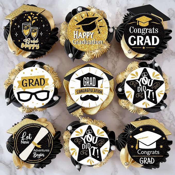 36PCS Edible Graduation Cap Cupcake Toppers Wafer Paper Grad Cap Diploma Cake Decorations Edible Grad Cap Cupcake Picks for 2026 Grad Theme Party Cake Decor Supplies (Black)