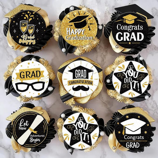 36PCS Edible Graduation Cap Cupcake Toppers Wafer Paper Grad Cap Diploma Cake Decorations Edible Grad Cap Cupcake Picks for 2026 Grad Theme Party Cake Decor Supplies (Black)