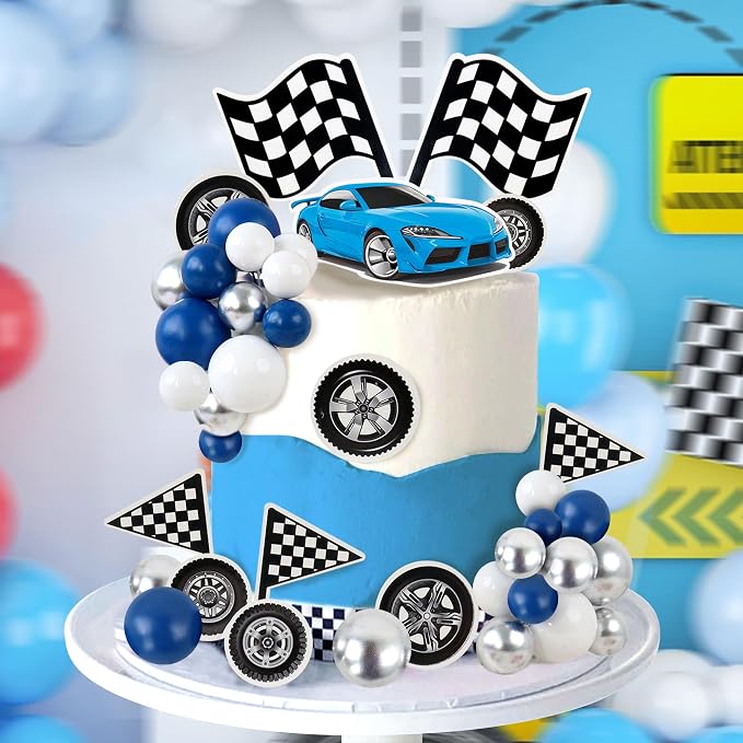 Ercadio 42Pcs Blue Racing Car Birthday Cake Toppers Wheel Checkered Flag Cupcake Toppers Silver Blue Balls Cake Decorations for Kids Racing Birthday Cake Decoration Race Car Party Supplies