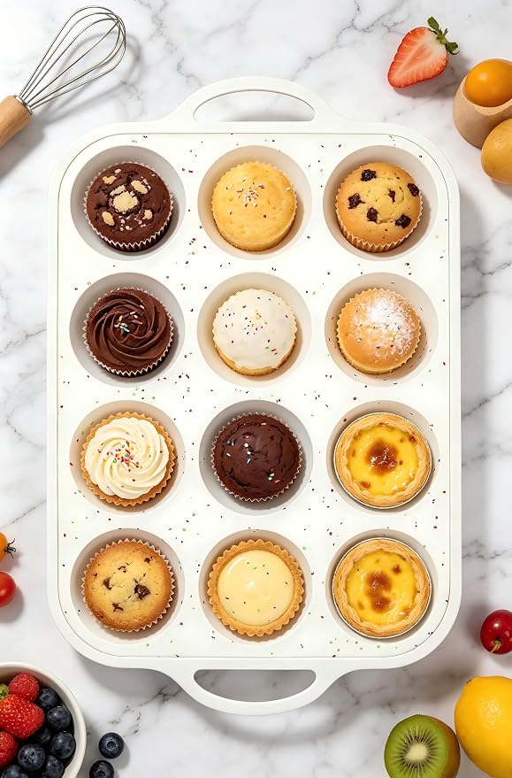 Silicone Muffin Pan, Non-Stick Cupcake Baking Tray, 12-Cup Muffin Tin for Baking with Silicone Basting Pastry Brush Set, Dishwasher Safe Mold for Cupcakes, Muffins, Cakes, 2 Pack