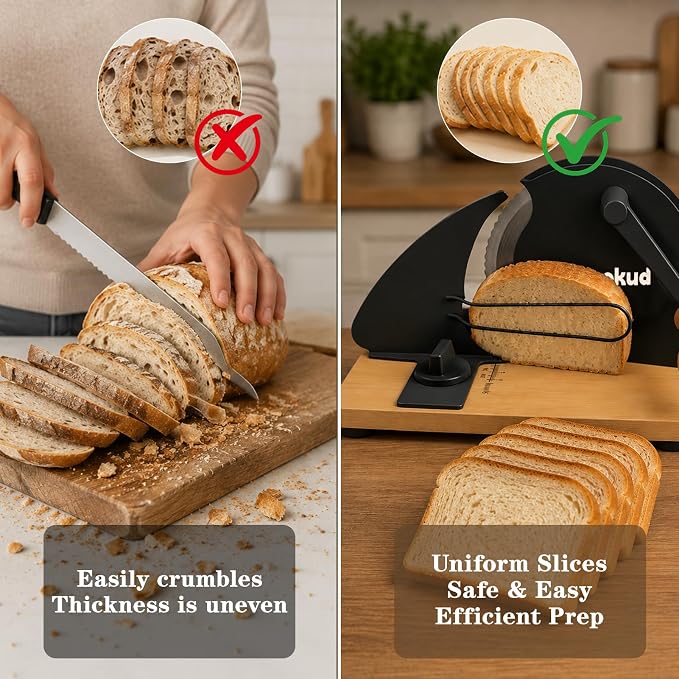 Manual Bread Slicer for Homemade Sourdough – Hand Crank Rotary Slicer | 0–0.8″ Adjustable Thickness, Stainless Steel Serrated Blade, Non-Slip Suction Cups, and Aluminum Alloy Frame