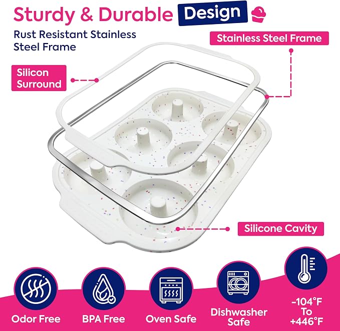 RICCLE Silicone Donut Pan – 2 Pack, 6 Cavity Donut Pan for Baking with Metal Reinforced Frame | Non-Stick Silicone Donut Molds for Baking, Doughnut Pan & Bagel Pan – BPA Free, Oven & Dishwasher Safe