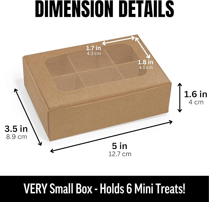 25 pcs Kraft Mini Truffle Box for 6 treats with Window and Dividers, Bakery Boxes, 5 x 3.5 x 1.57 Inches VERY SMALL Baking Boxes, Square Truffles Box Decorating Supplies for Gift Giving