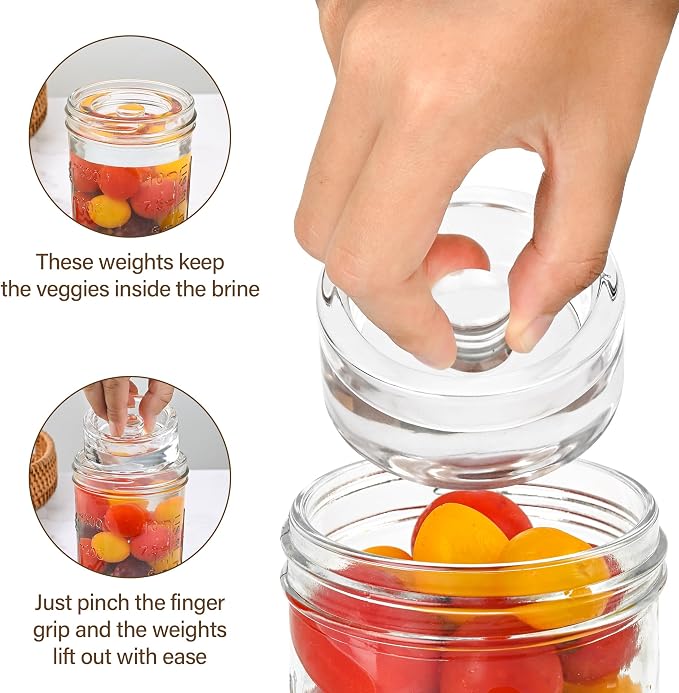 Xileanalee Fermentation Weight Glass 4 Pack for Wide Mouth Mason Jar-Easy Grip Handle Fermenting Weights for Pickling -7Oz 2.75inch Canning Weights for Fermenting