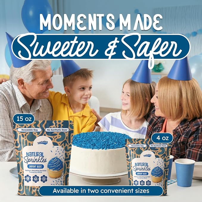 Snackathon Natural Sprinkles for Baking & Decorating, Dye-Free Blue Sprinkles, 4 oz Jimmies in Resealable Bag - Naturally Colored, No Artificial Dyes, Gluten-free for Cupcakes, Cookies & Ice Cream