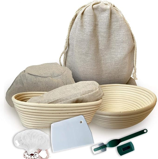 Banneton Bread Proofing Basket 23 Piece Set, Round 9 and Oval 10 Inch Rattan Sourdough Baskets, Dough Scraper, Scoring Lame, Linen Bread Bag, Basket Liner, Bread Stencils