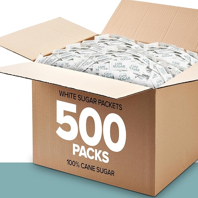 Bulk Sugar Packets, 500 Count - Individual Servings of White Sugar Packets for Coffee and Tea, Granulated Sugar Packs Great for Restaurants, Coffee Shops, Offices, Schools, and More