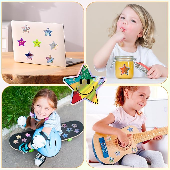 50PCS Smiling Holographic Star Stickers, Cute Water Bottle Stickers for Kids, for Teaching Rewards, Notebooks, Stationery, Luggage, Cartoon PVC Happy Holographic Stickers