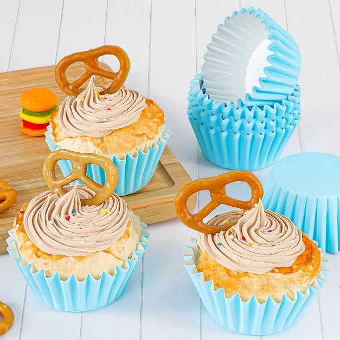 Caperci Grease-Resistant Standard Blue Cupcake Liners 150 Counts - Heavy Duty Paper Muffin Baking Cups, Odorless, No Muffin Pan Needed, Easily Peels (Light Blue)