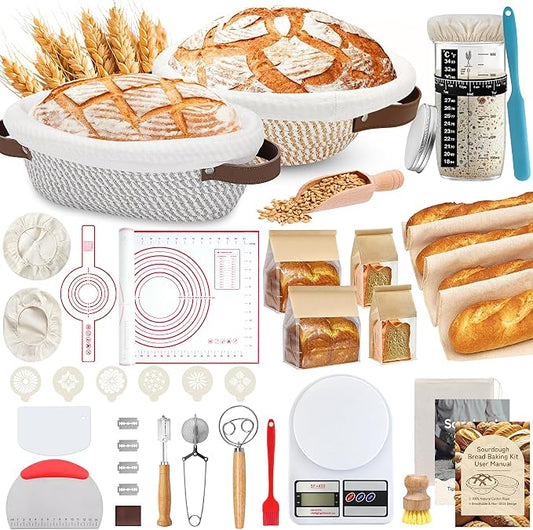 PeacePeo 38 Pcs Sourdough Starter Kit, Cotton Rope Banneton Bread Proofing Basket with Sourdough Starter Jars,10 Inch Round & Oval Proofing Basket with Liners & Covers for Artisan Bread Baking