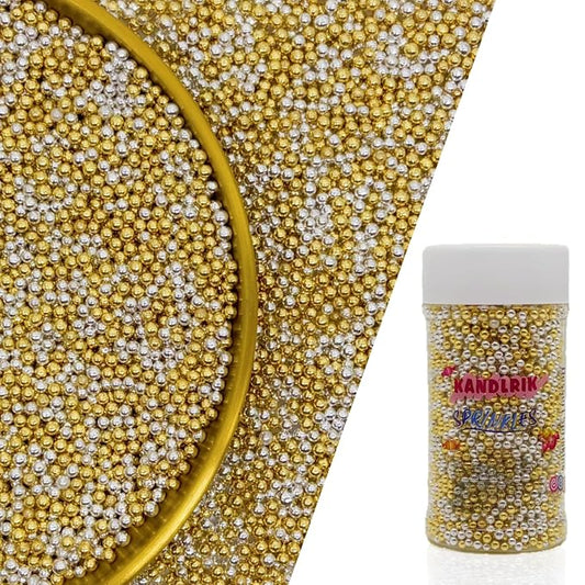 Edible Super Gold & Silver Sprinkles Candy 2mm Mini Pearls Cake Decorations Cupcake Toppers Cookie Decorating Perfect for Wedding Party Valentine Halloween Christmas Supplies 3OZ