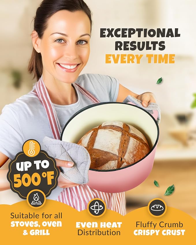 CRUSTLOVE Dutch Oven for Bread Baking - incl. Sourdough Bread-Baking Supplies like Banneton Bread-Proofing Basket - 5QT Enameled Cast Iron Bread-Oven with Lid, Baking Pan, Scoring Tool Lame