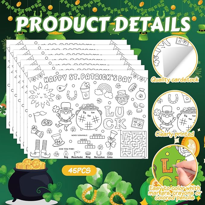 45pcs St. Patrick's Day Disposable Coloring Placemats Irish Crafts for Kids Party Favors Coloring Poster Holiday Party Supplies School Classroom Activities Paper Table Mats