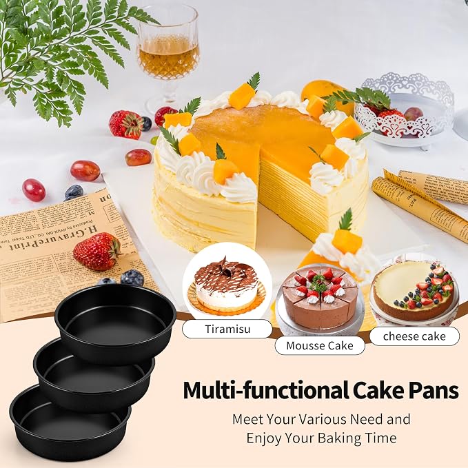 P&P CHEF 7 Inch Cake Pan Set of 3, Non-Stick Round Cake Pans Tins for Tier Smash Cakes, Baking Pans Set & Essential Bakeware, Stainless Steel Core & Leak-Proof
