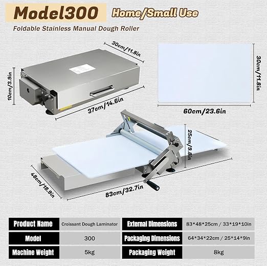 Dough Sheeter Machine, Manual Sheeter, Reversible Puff Pastry and Fondant Sheeter, Foldable, Adjustable Thickness 0-5mm for Croissant Pastry Pizza(Model300(Home use))