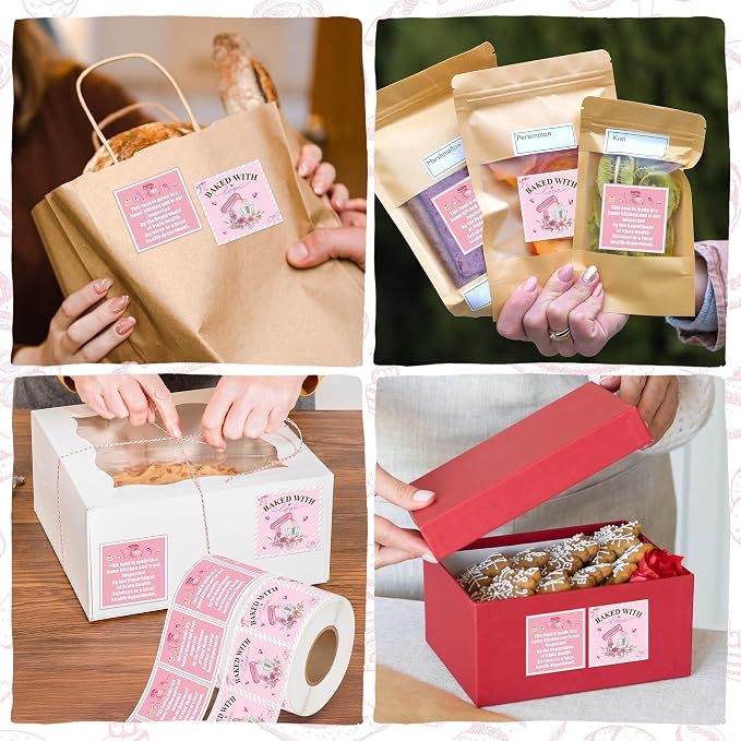 1000 Count Cottage Food Law Labels Stickers Roll Pink Baked with Love Made in a Home Kitchen Inspection Statement Decals DIY Crafts for Homemade Bakery Baked Food Canning Packaging, 1.5 x 1.5 Inch