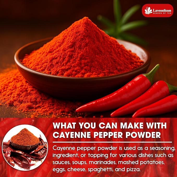 Lavendium, Premium 25oz Cayenne Pepper Powder, 100% Natural & Pure Ground Cayenne Pepper, No Additives or Preservatives, Non-GMO, Plant-Based & Vegan, Perfect for Seasoning, Marinades, Chili & BBQ Rubs