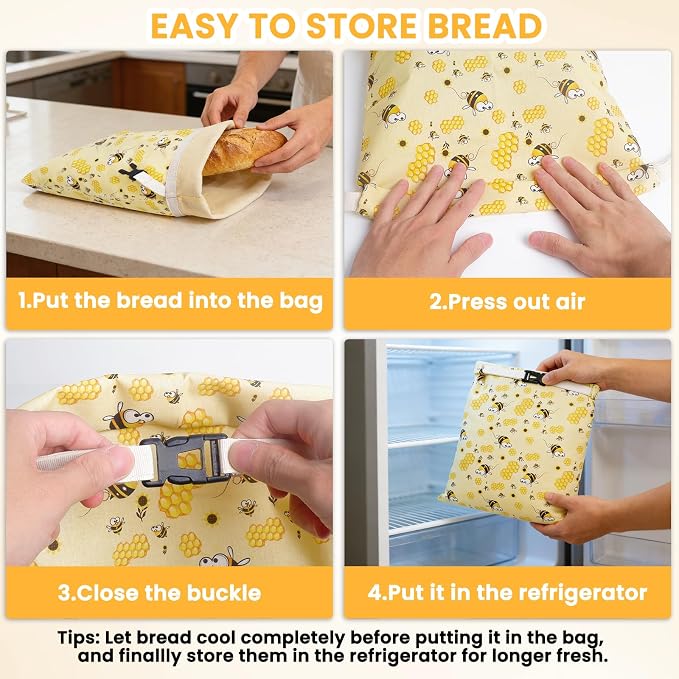 Beeswax Bread Bag for Homemade Bread Sourdough, 2 Pack Reusable Bees Waxed Infused Linen Wrap for Baguette Loaf Bread Freezer, Fresh Food Keeper Storage Container, Homesteading Essentials Yellow-Bee