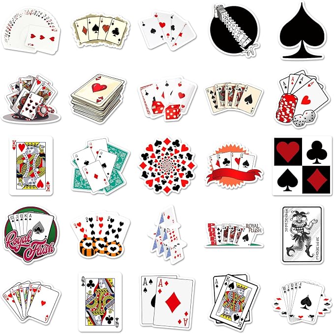 Casino Stickers, 50Pcs Poker Playing Card Dice Gambling Decals Lucky Heart Diamond Club Stickers for Bottle Skateboard Car Luggage Guitar Las Vegas Casino Theme Party Decor Stickers