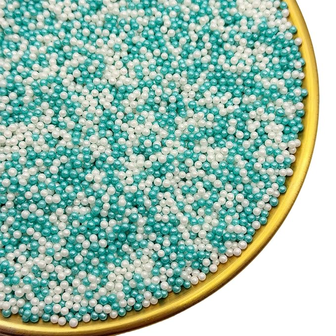 CandiJumpin 2mm Teal and White Edible Pearls, White and Teal Nonpareils Sprinkles Small Pearl Sprinkles for Cake Decorating Mini Sugar Pearls for Baking Baby Shower Party Wedding Christmas Supplies 3 OZ