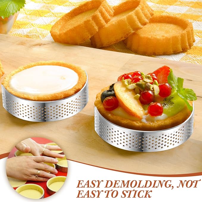 Mumufy 20 Pcs Perforated Tart Rings Round Stainless Steel Tart Rings for Baking Nonstick Metal Round Cake Ring for Pastry French Dessert Mousse Food Crisp Home Food Making Tool (2.4")