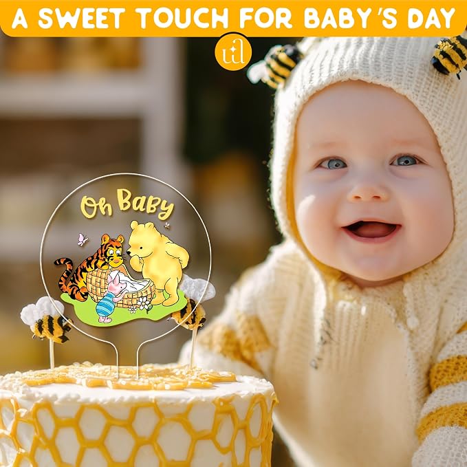 Woodamore Classic Pooh Baby Shower Cake Topper - Acrylic Cake Topper Baby Shower Decorations, Pooh Cupcake Toppers Winnie Birthday Decorations