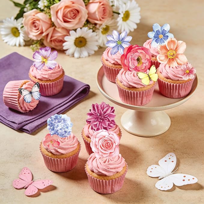 138pcs Edible Flower Butterflies Cake Topper Wafer Paper Flower Cupcake Toppers Mixed Size Hawaiian Flower Cake Decorations for Tropical Luau Birthday Baby Shower Party Supplies