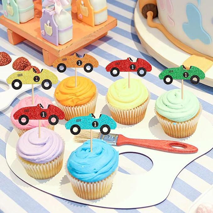 Ercadio 25 Pcs Colorful Race Cars Cupcake Toppers Cute Race Cars Cupake Picks for Racing Car Baby Shower Kids Funny Birthday Party Decoration Supplies