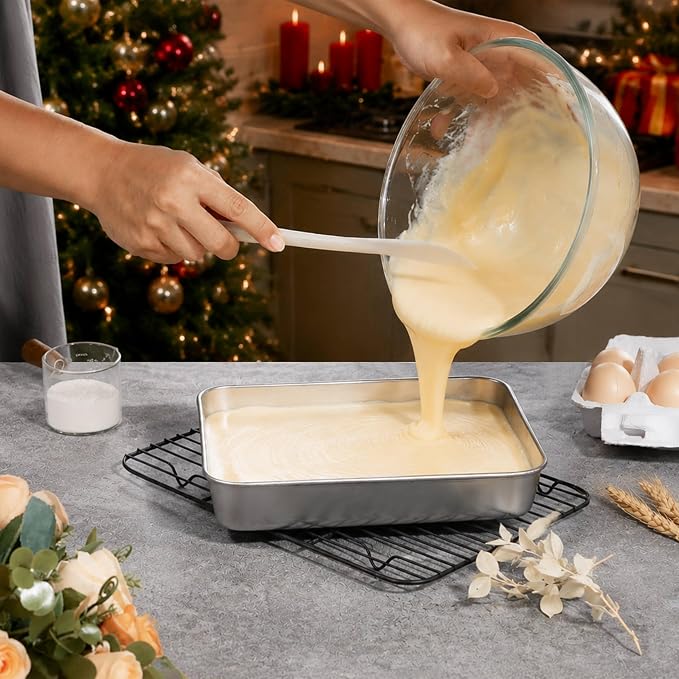 LIANYU Stainless Steel Lasagna Baking Pan with Lid, 9 x 7 x 2 Inch Rectangular Deep Cake Pan Set, Metal Bakeware for Bread Cookie, Oven & Dishwasher Safe (2 Pan +2 Lid)