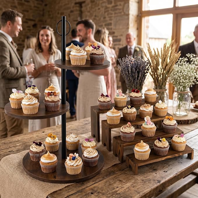 Wooden Cupcake Stand Set of 2, 3 Tier Rotating Dessert Tower & 4 Tier Stackable Cupcake Stand, Rustic Cake Display Rack for Wedding Birthday Baby Shower Graduation Christmas Halloween Party