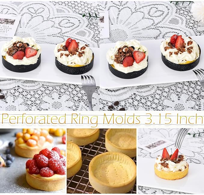 DATANYA 12Pack Perforated Tart Rings Stainless Steel 3.15 Inch Round Mousse Cake Ring Metal Pastry Mold for Baking Cooking Desserts, small fruit tartet crust 8cm
