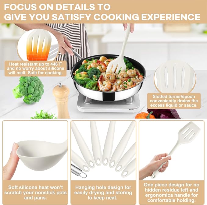 TeamFar Silicone Cooking Utensils Set, 8 PCS Kitchen Utensils Set, 446°F Heat Resistant, Turner, Spatula, Spoon, Whisk, Kitchen Cooking Gadgets Tools for Nonstick Cookware, Dishwasher Safe-White