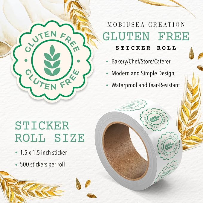 Mobiusea Creation Green Gluten Free Stickers | 500pcs Food Label Stickers for Bakery Goods | Cookie Labels & Bread Labels for Homemade Bread