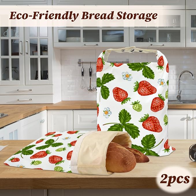 Beeswax Bread Bags, 2 Pack for Homemade Bread and Sourdough Storage | Red Strawberries Leaves Flower, Reusable Polyester Bread Storage With Beeswax Coating And Snap Closures