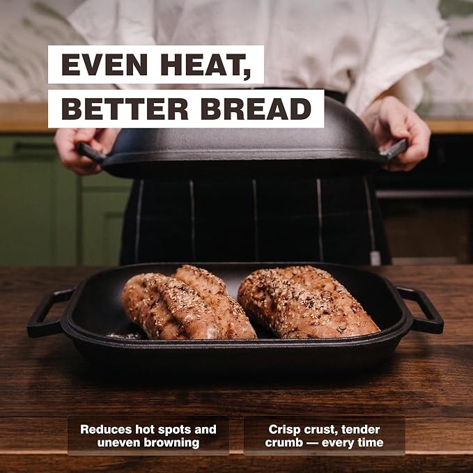 KUHA Cast Iron Bread Oven with Lid | Oval Sourdough Dutch Oven for Bread Baking | Pre-Seasoned Cast Iron Bread Pan | Bread Lame Included