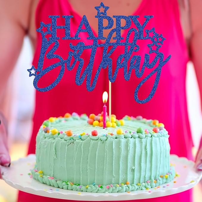 Gyufise 1Pcs Happy Birthday Cake Topper Glitter Happy Birthday Cake Pick for Celebrating Happy Birthday Anniversary Theme Party Cake Decorations Supplies Light Deep Blue