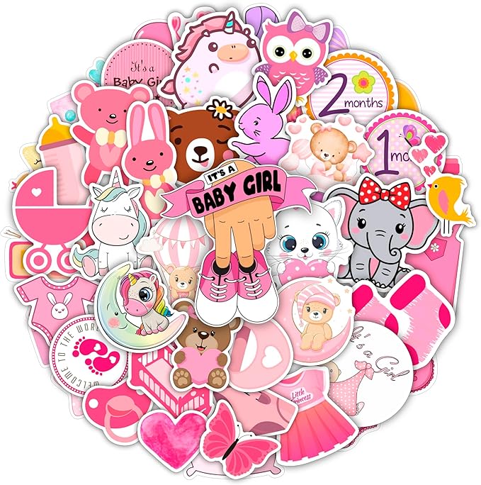 BulbaCraft Baby Girl Stickers, 100Pcs Multicolor Vinyl Decals, Waterproof, Reusable, Multipurpose for Scrapbooking and Party Decor, Newborn, Baby Shower Favors for Girls, Baby Girl Month Stickers