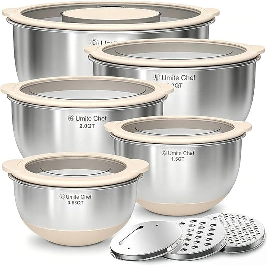 Mixing Bowles Set with Lids Set - Warp-Proof TPR-AS Lids, Stainless Steel Mixing Bowl with 3 Graters & Measuring Lines, Non-Slip Bowls for Baking, Prep, Airtight Food Storage (Khaki 5/3/2/1.5/0.63QT)